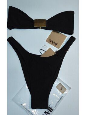 Same Los Angeles Bikini Set S Women Black Gold Hardware Faux Suede Brazilian